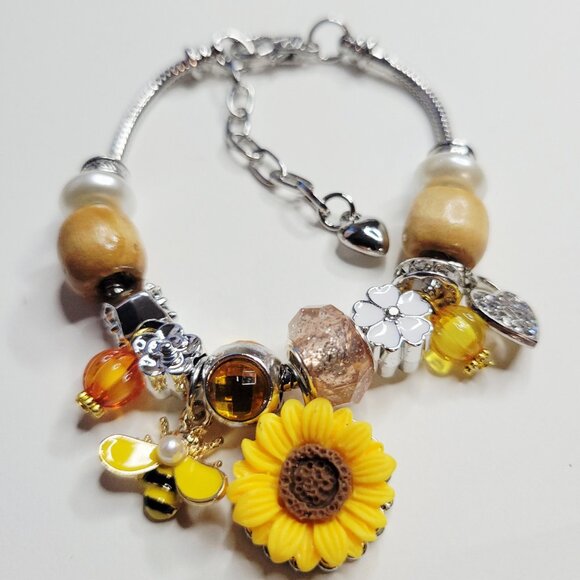 NWT Pandora Style Charm Bracelet Sunflower Power Yellow, Gold, Flowers, Bees Lg - Picture 2 of 6
